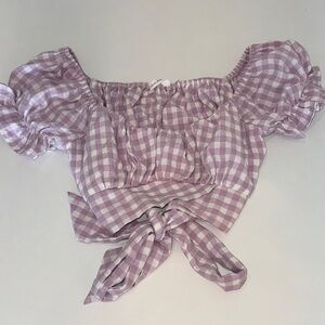 Lavender Gingham Puff Sleeve Crop Top